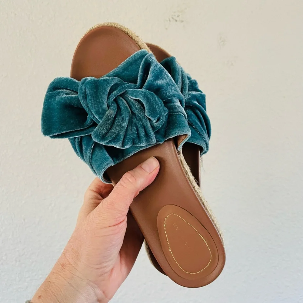 Zara Teal Velvet Knot Slide Sandals - Picture 4 of 7